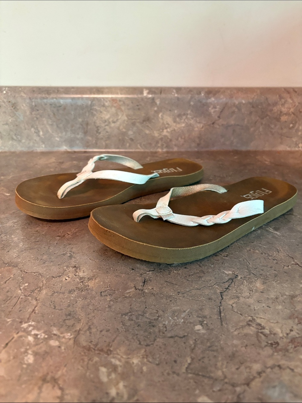 Flojos Brown Footbed White Strappy Flip Flop Sandals